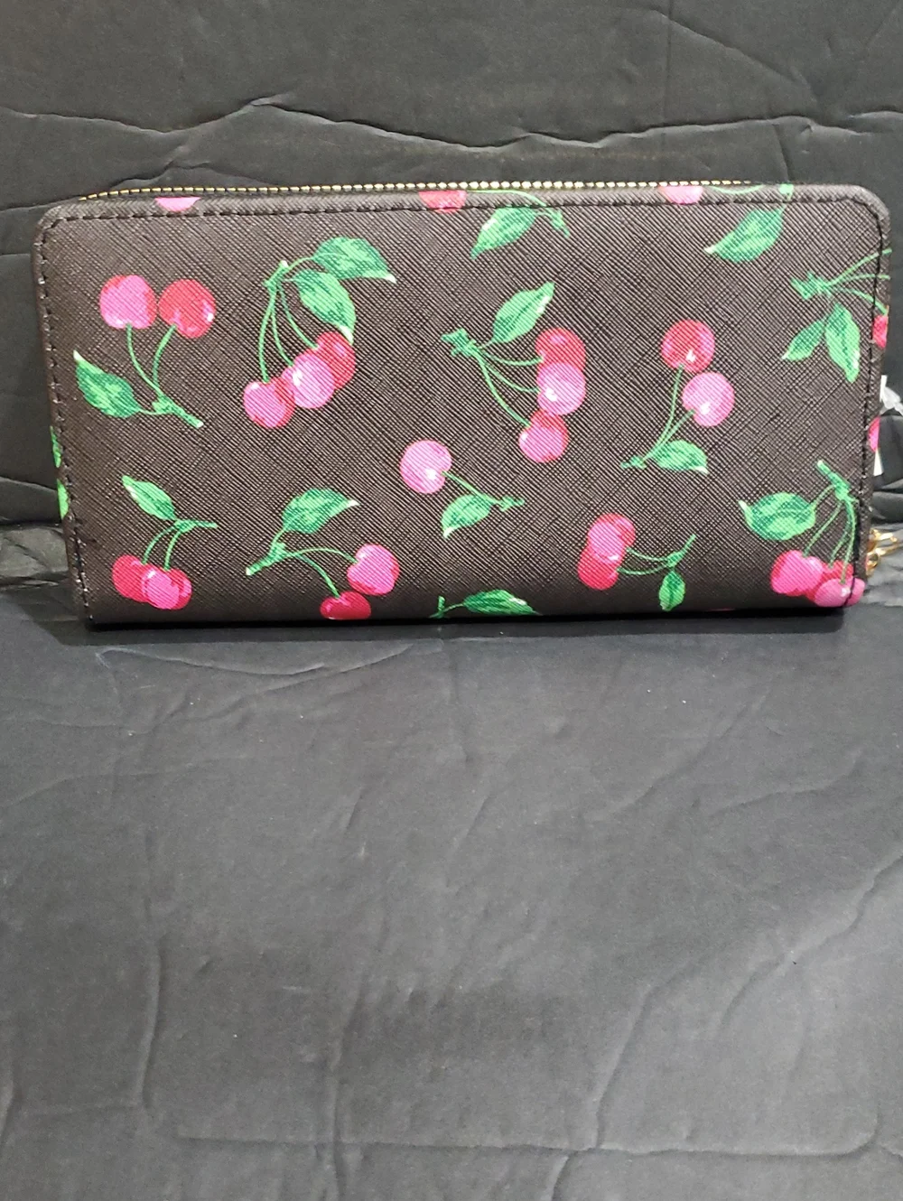 Black and pink cherry printed zip around long wallet with cherry charm brand new